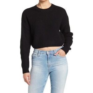 Elodie Ribbed Crewneck Cropped Sweater Long Sleeve Black Women's Size Large NWT